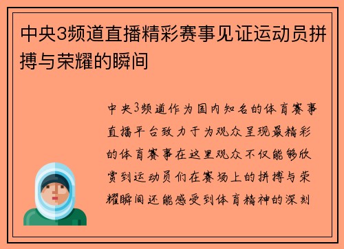 中央3频道直播精彩赛事见证运动员拼搏与荣耀的瞬间