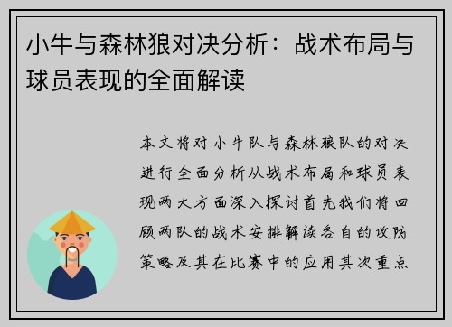 小牛与森林狼对决分析：战术布局与球员表现的全面解读